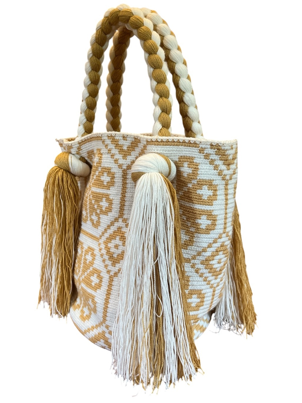 Wayuu Mochila bag Handwoven Tote Bag Cream & Mustard floral & Tassel design. - Picture 7 of 12